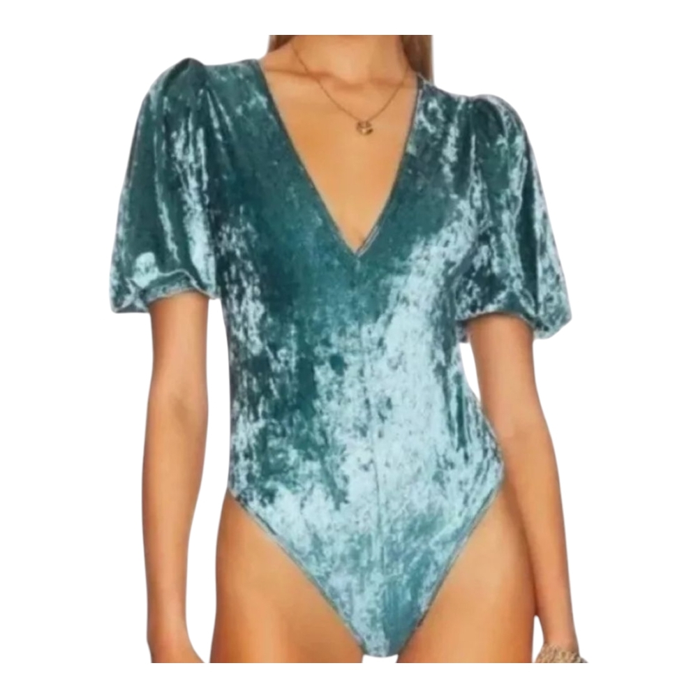 Free People Teal Velvet Puff Sleeve Bodysuit Size Xs